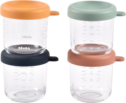 BEABA 4 Pack Glass Baby Food Jars with Soft Silicone Air Tight Lids, 8 oz Glass Storage Containers