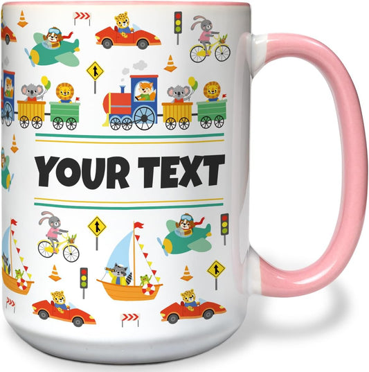 Personalized Mug for Kids - Vehicles - Custom Name/Text, Ceramic Hot Chocolate/Cocoa/Coffee Cup for Boys, Birthday/Christmas/Holiday Gift - 15 oz, Pink Handle