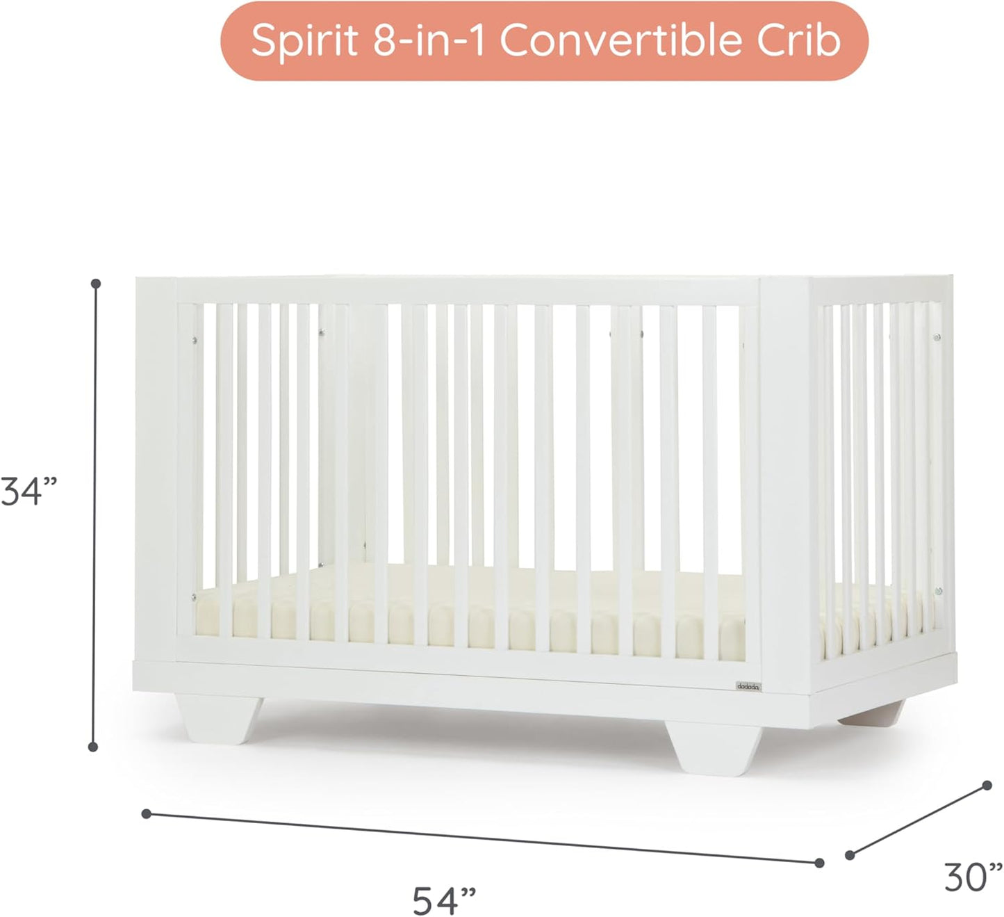 dadada Spirit 8 in 1 Convertible Crib to Toddler Bed & Floor Bed, Made in Italy, Greenguard Gold