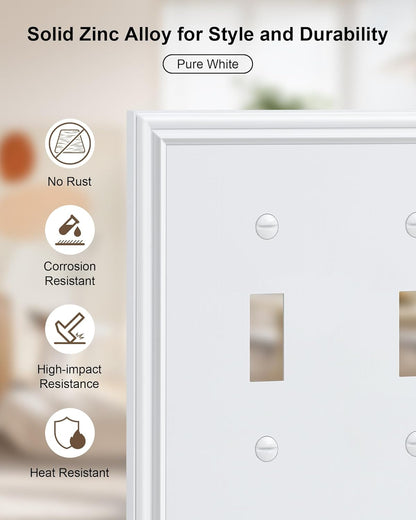 2-Pack Double Toggle Light Switch Cover Plate, Durable Solid Zinc Alloy Decorative Dual Switch Plate Covers, Pure White 2 Gang Wall Plate, Corrosion Resistant