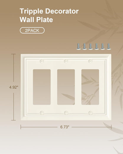 2-Pack Decorative Tripple Decorator Outlet Cover Plate, Durable Natural Bamboo Fiber Light Almond Wall Plate for Electrical Outlets, Receptacle, GFCI Outlet, Dimmer Switch, 3-Gang, Corrosion Resistant