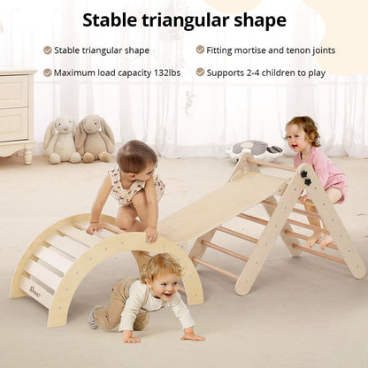 Pikler Triangle Set with Cushion, 8-in-1 Toddler Climbing Toys Indoor, Wooden Montessori Climbing Set with Arch Ramp,Ladder&Tent Cloth, Baby Indoor Climber Jungle Gyms for Toddlers Toy, Natural