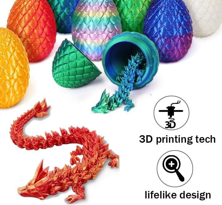 Cessfle 3D Printed Dragon in Egg, Crystal Dragon Eggs with Dragon Inside, Full Articulated Dragon Eggs 3D Dragon Toys, Mystery Dragon Egg for House of Dragon, 3D Printed Animals Fidget Toys
