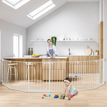 COMOMY 150" Extra Wide Baby Gate With Door - Auto Close Fence Play Area for House Doorways, Fireplace - Walk Through Pet Gate, Hardware Mounted, 6-Panels (30" Tall, White)