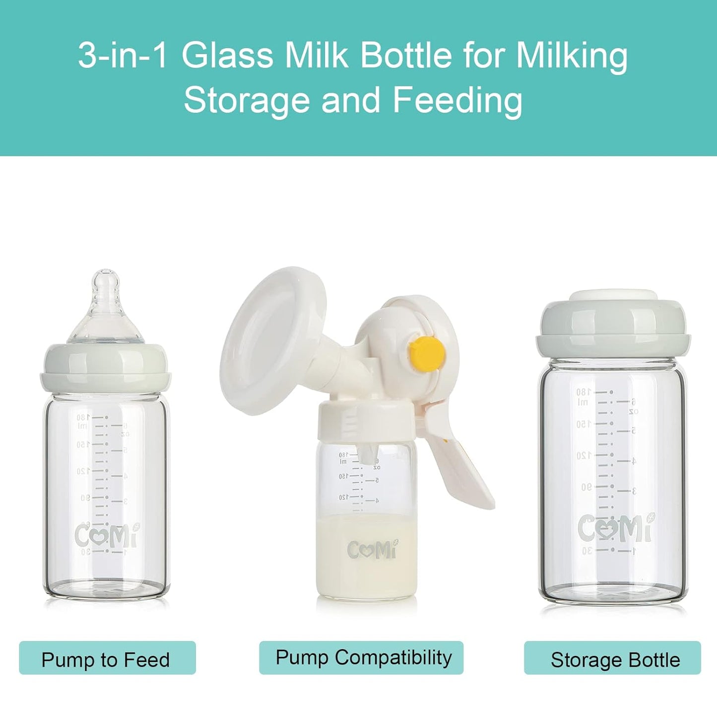 COMI Wide Neck Glass Breastmilk Collection n Storage Bottle, 4 Packs, 6oz with Screw Ring Sealing
