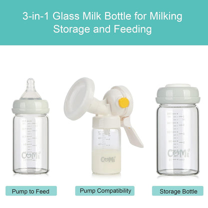 COMI Wide Neck Glass Breastmilk Collection n Storage Bottle, 4 Packs, 6oz with Screw Ring Sealing