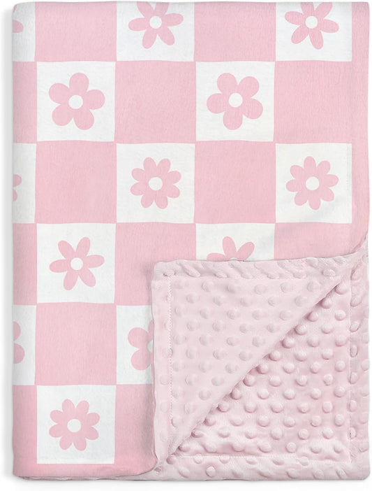 Daisy Minky Baby Blanket 30 x 40 Inches for Girls, Soft Plush Receiving Blanket with Dotted Back