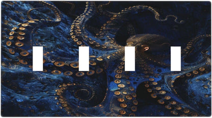 Decorative Switch Covers Plate Horror Night Blue Ocean Evil Octopus 4 Gang Artistic Wall Plate Unique Quad Toggle Light Switch Plate Jumbo Faceplate for Bathroom Bedroom Home Decor