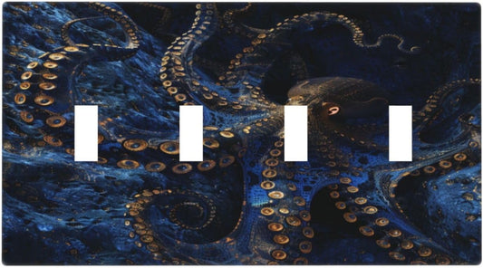 Decorative Switch Covers Plate Horror Night Blue Ocean Evil Octopus 4 Gang Artistic Wall Plate Unique Quad Toggle Light Switch Plate Jumbo Faceplate for Bathroom Bedroom Home Decor