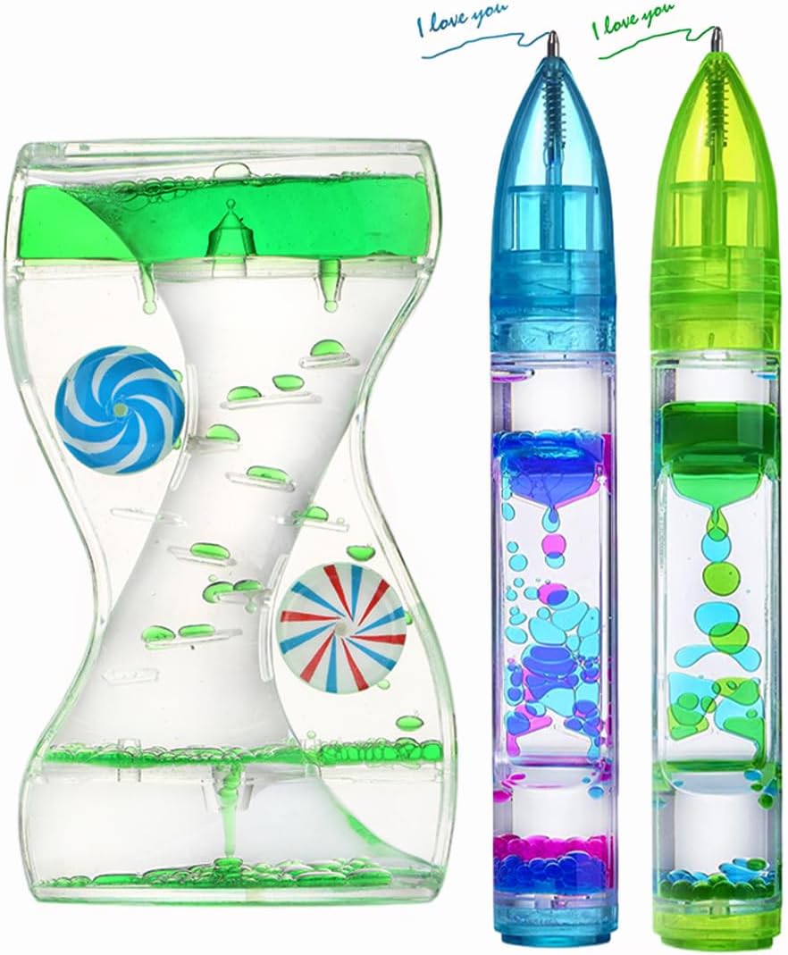 Liquid Motion Bubbler Sensory Toys Calm Stress Relief Liquid Motion Bubbler Pen Fidget Pen ADHD Anxiety Autism Toy Desk Decor Bubble Timers for Kids and Adults Gifts 3 Pack