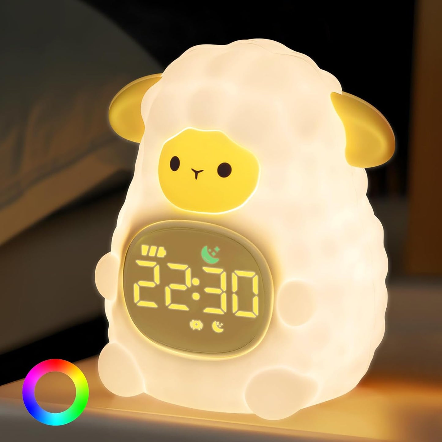 Sheep Alarm Clock with Night Light for Kids with Sleep Training and Sound Machine, Rechargeable Silicone Lamp OK to Wake Clock，Cute Animal Tabletop Lamp, Perfect Sleep Companion for Boys Girls