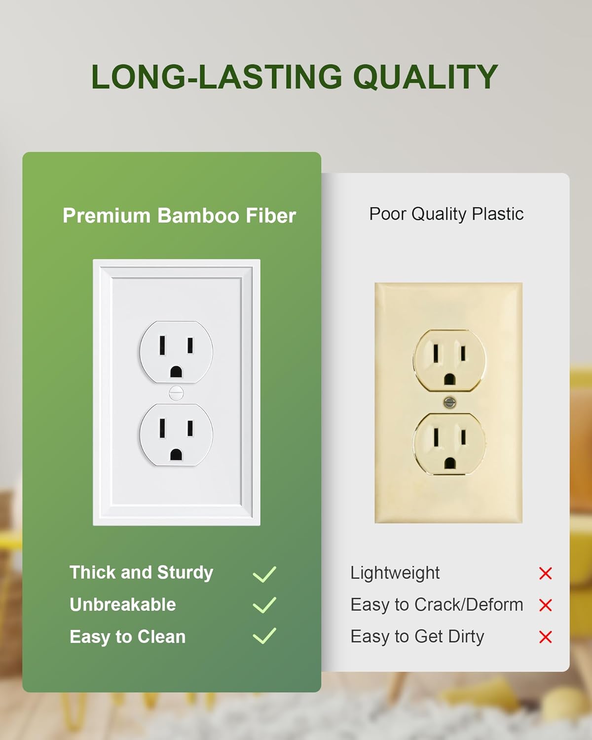 2-Pack Duplex Outlet Cover, Natural Bamboo Fiber Switch Plates and Outlet Covers, White Decorative Wall Plates for Electrical Outlets, 1 Gang Receptacle Cover, Corrosion Resistant