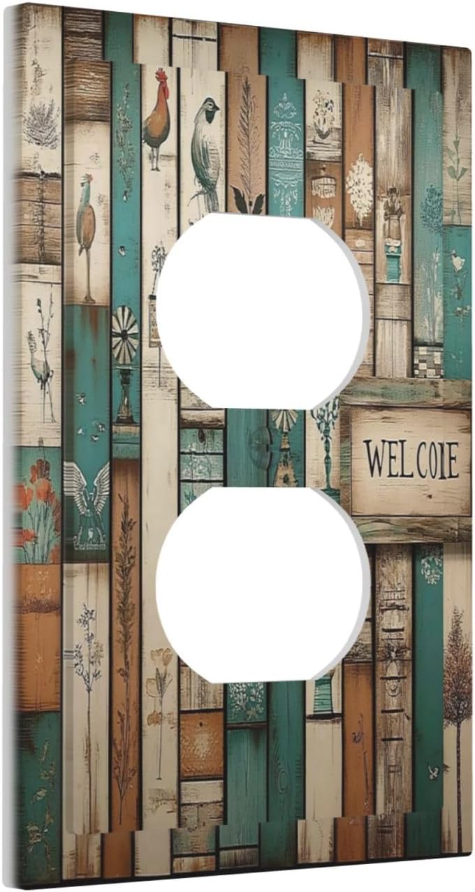 Outlet Covers Vintage Wood Brown Turquoise Splicing 1 Gang Duplex Light Switch Cover Decorative