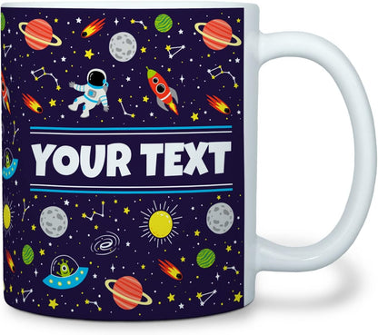 Personalized Mug for Kids - Outer Space - Custom Name/Text, Ceramic Hot Chocolate/Cocoa/Coffee Cup for Boys/Girls, Birthday/Christmas/Holiday Gift - 11 oz, White Handle