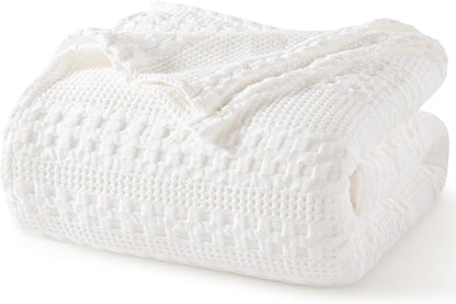 PHF 100% Cotton Waffle Weave Blanket Queen Size, Soft Lightweight Breathable Cozy Summer Blankets for Bed, Luxury Aesthetic Woven Bedding for Home Decor, 90"x90", White