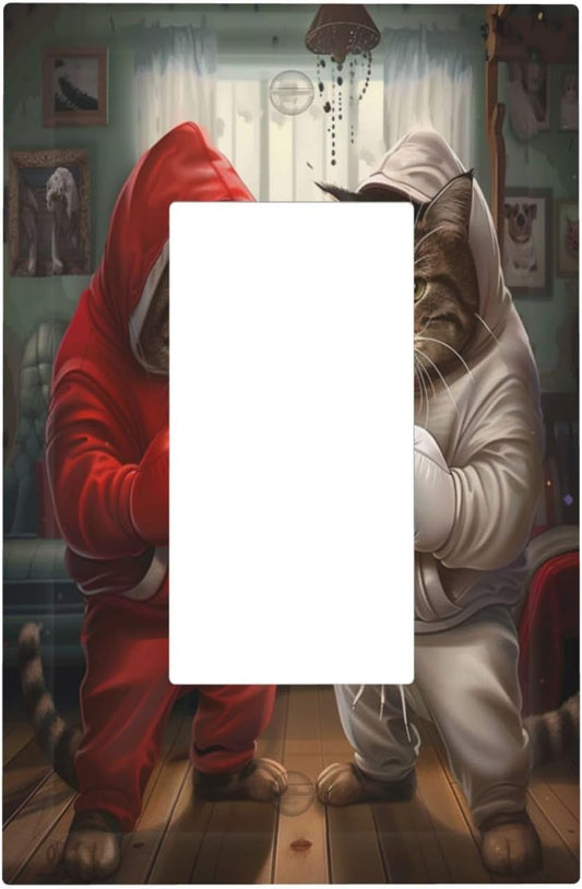 Decorative Outlet Covers Funny Red Boxing Cats White Tomcat 1 Gang Single Decora GFCI Device Light Switch Covers Plate 1 Rocker Wall Plate Jumbo Faceplate for Bedroom Home Decor