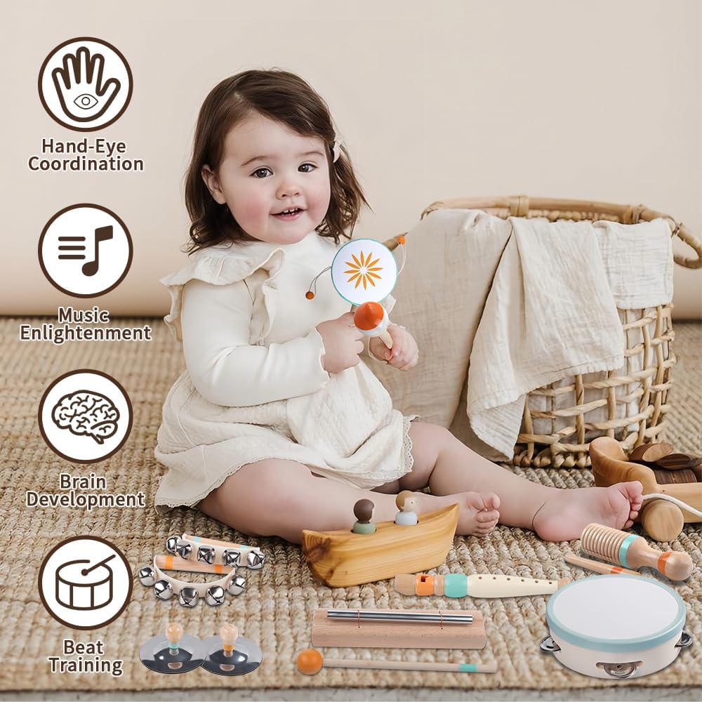 Toddlers Musical Instruments-Baby Montessori Wooden Musical Toys for Toddlers 1-3 Year Old,Kids Percussion Instruments Toy for 1 Year Boy&Girls,Christmas Birthday Gift for 1-3-5+ Year Old
