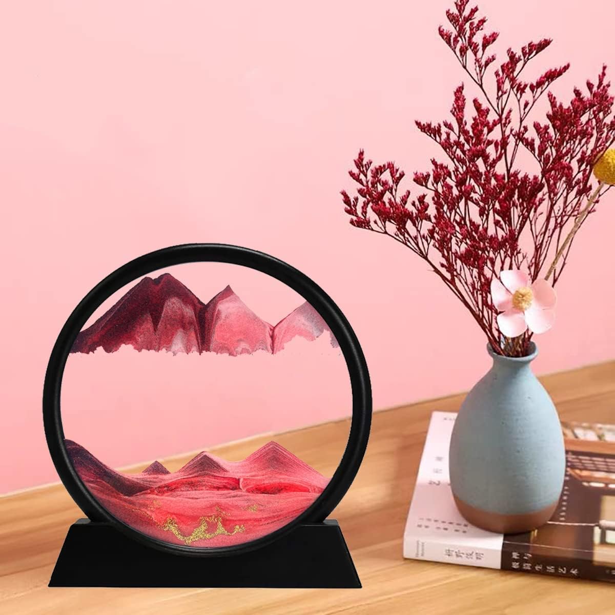 Moving Sand Art Picture 3D Deep Sea Sandscapes Sand Art Liquid Motion Bubbler Timer for Adult Kid Desktop Art Toys for Home Decor and Office(Round+Pink+10In)