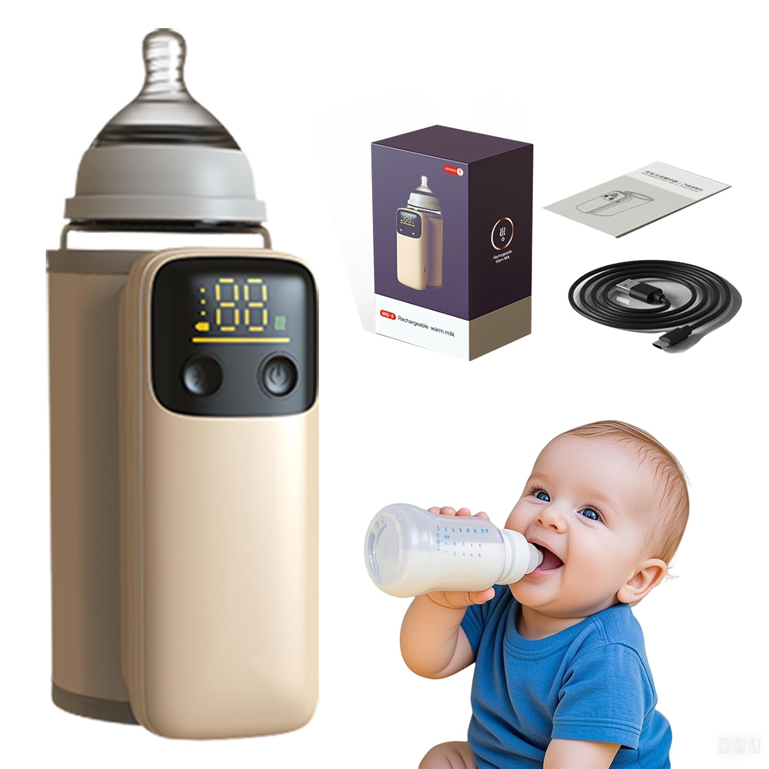 Portable Bottle Warmer, Travel-Friendly, Leak-Proof, Precise Temp-Control & LCD Display, Long
