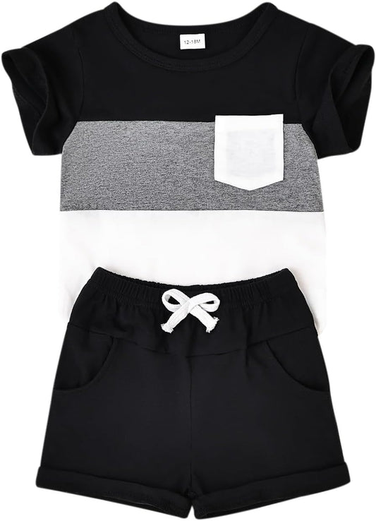 Baby Boy Clothes Toddler Boy Summer Outfits Short Sleeve Patchwork Top T-shirt & Pocket Pant Set 2 Piece 12 Months-4T