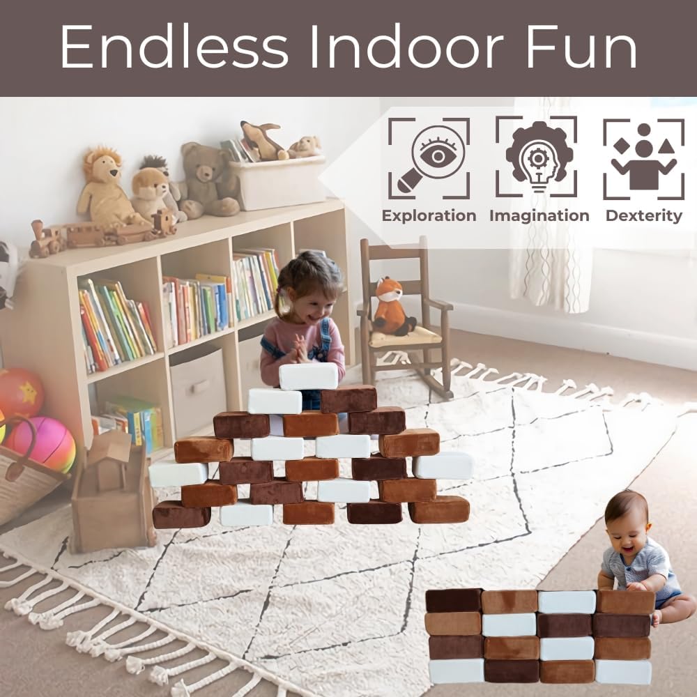 Wonder Space Plush Foam Blocks - Nursery Building & Stacking Toys for Toddlers Boys & Girls, Soft Smooth Velvet Cover, Early Education Gross Motor Skills & Brain Development (24 Bricks, Nougat)
