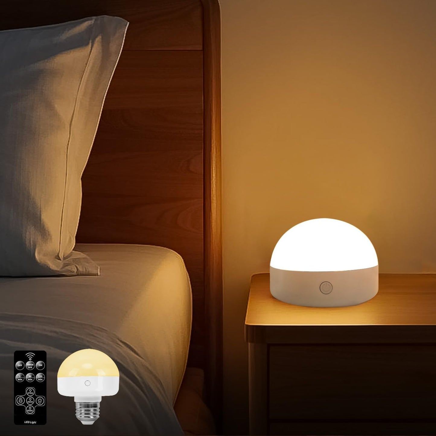 BLUEYE Night Light,BPA Free,Remote Control,3CCT Colors,2000mAh Battery,Manual Button,No Flicker for Kids,Baby,Nursery,Small Portable Lamp,3 Timer,Dimmer,E26 Rechargeable Light Bulb for Non-Hardwired