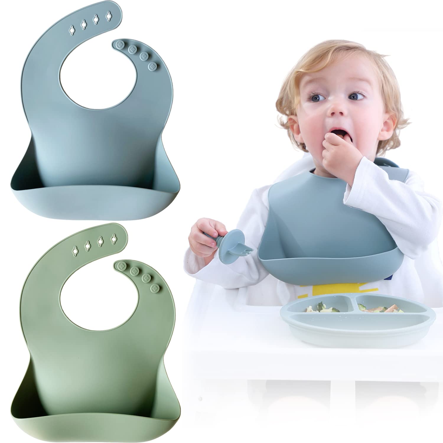 Moonkie Silicone Baby Bibs Set Of 2 | BPA Free Waterproof | Soft Flexible Adjustable Silicone Bibs