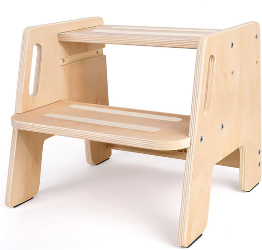 Toddler Step Stool, Wooden Height-Adjustable 2-Step Stool for Kids, Potty Training Stool with