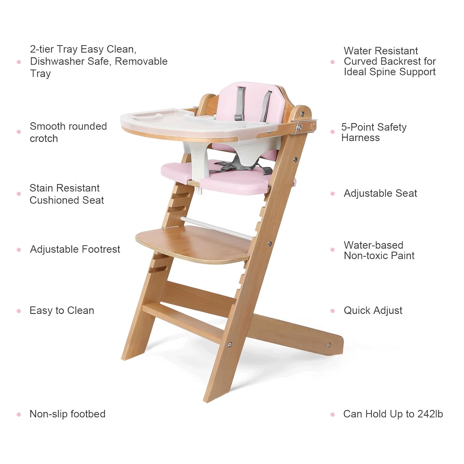 Cowiewie Natural Wooden High Chair for Babies & Toddlers 3-Tier Remove Adjustable Tray and