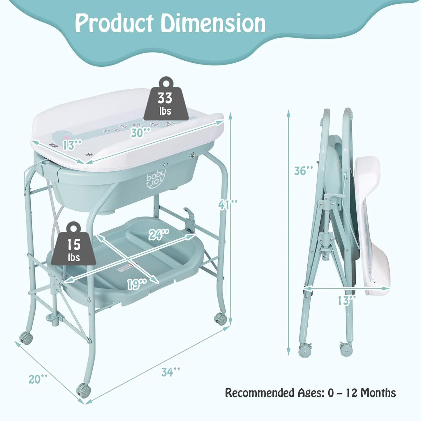BABY JOY Baby Bathtub with Changing Table, Foldable Infant Diaper Changing Station with Storage