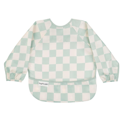 Tiny Twinkle Mess Proof Baby Bib,Waterproof Smock Baby Bib for Eating,Machine Washable Long Sleeve Bib,Baby Led Weaning,Toddler Bib (Checkers Sage, Large 2-4 Years)