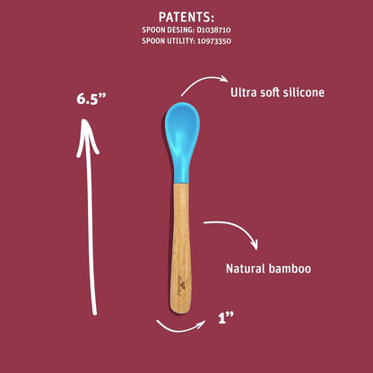 Avanchy Bamboo & Silicone Infant Training Spoons, BPA Free - Soft Tip, Easy on Gums, First Stage Feeding Utensils for Baby-Led Weaning, Self-Feeding, Assorted w/Blue