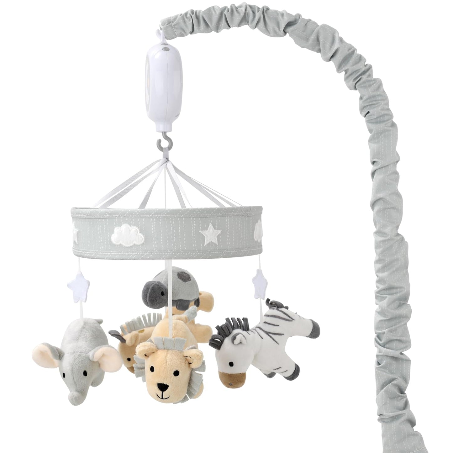 The Peanutshell Crib Mobile for Boys or Girls - Grey Musical Baby Crib Mobile with 12 Lullabies, Lion, Elephant, Zebra, Safari Plush Toys Hanging, Infant Baby Mobile Crib, Safari Nursery Decor
