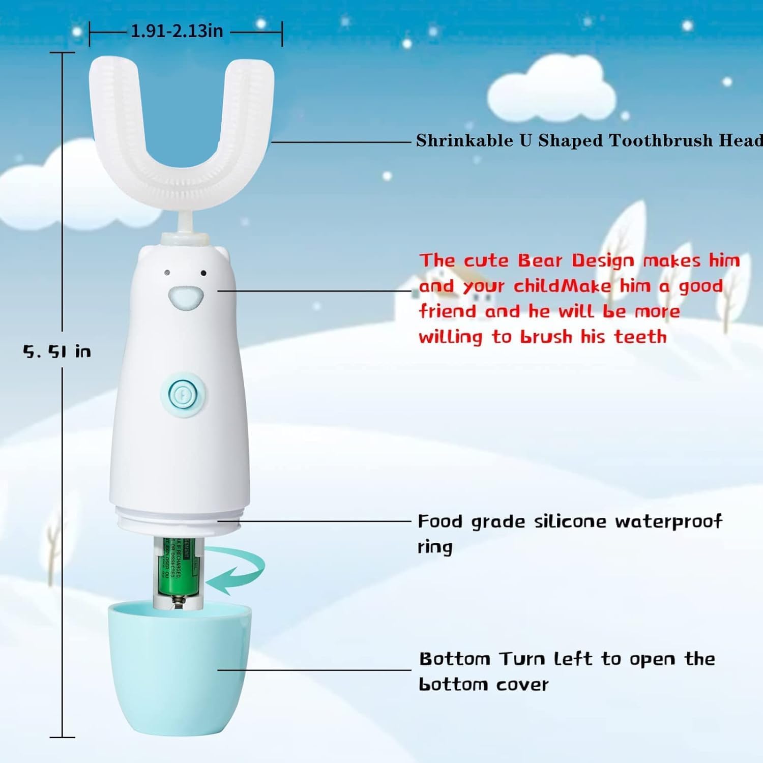 Kids Electric Toothbrush，Toddler Toothbrush Waterproof Battery Powered 360 Automatic Sonic u Shaped