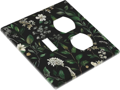Decorative Outlet Covers Rustic Green Leaves White Flower 2 Gang Wall Plate Cover Single Toggle Duplex Combo Two Switch Light Switch Cover Plate Jumbo GFCI Faceplate for Home Decor