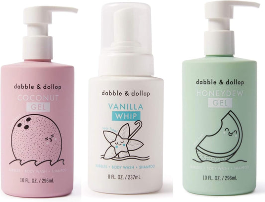 Dabble & Dollop Beachy Bundle, Natural Bubble Bath, Body Wash, Shampoo for Kids, USA-Made, Paraben