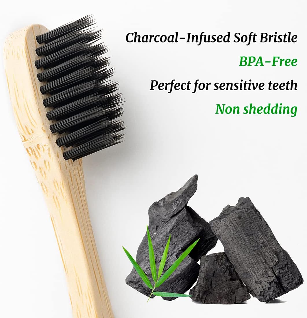 Bamboo Toothbrushes Soft Bristles, Biodegradable Eco-Friendly Toothbrush 10 Pack, BPA Free Charcoal