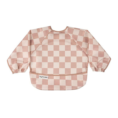 Tiny Twinkle Mess Proof Baby Bib,Waterproof Smock Baby Bib for Eating,Machine Washable Long Sleeve Bib,Baby Led Weaning,Toddler Bib,BLW Supplies(Checkers Brown, Small 6-24 Months)