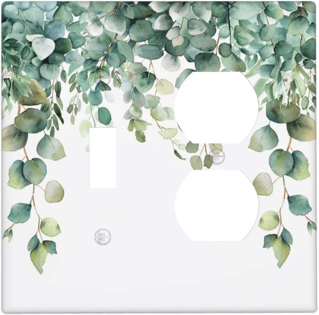 Decorative Outlet Covers Rustic Green Eucalyptus Leaves 2 Gang Wall Plate Cover Single Toggle Duplex Combo Two Switch Light Switch Cover Plate Jumbo Dual GFCI Faceplate for Home Decor