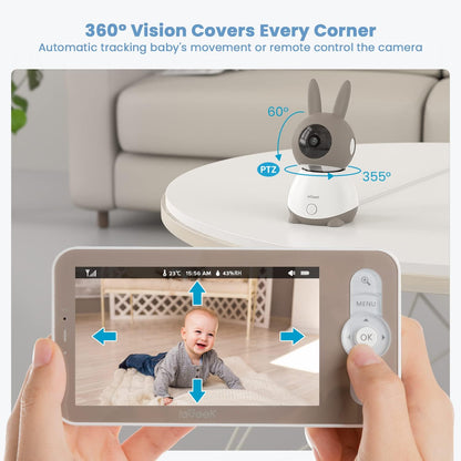 ieGeek Baby Monitor with 2K HD Resolution, Pan-Tilt-Zoom Video Baby Monitor Camera, 5'' LCD Screen & App Control, Night Vision, Cry and Motion Detection, Temp & Humidity Sensor, Two Way Audio, VOX