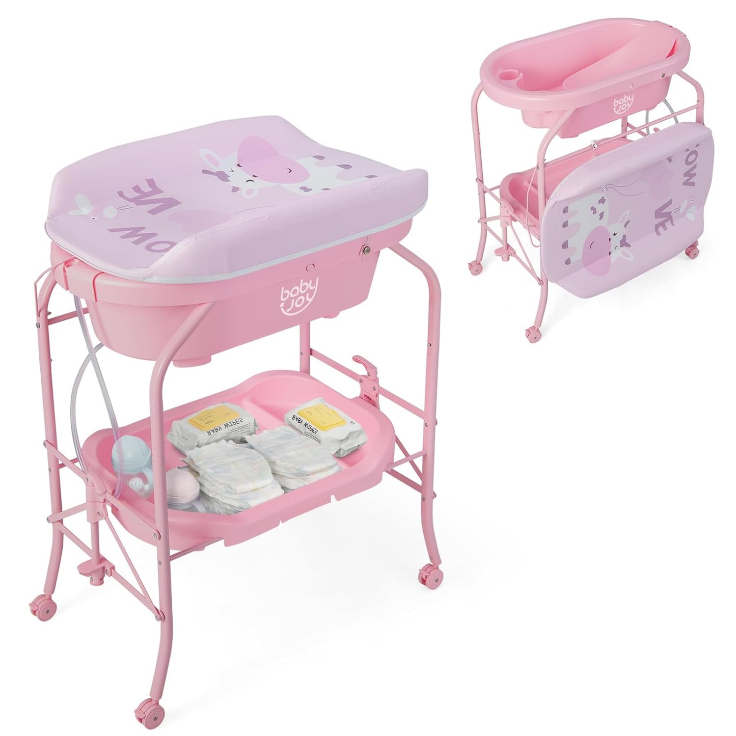 BABY JOY Baby Bathtub with Changing Table, Foldable Infant Diaper Changing Station with Storage