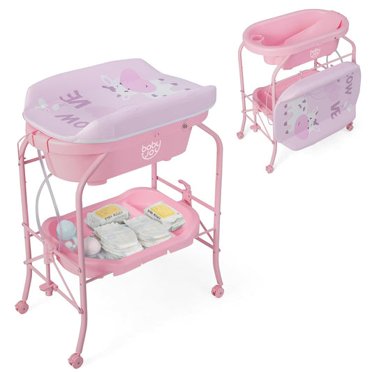 BABY JOY Baby Bathtub with Changing Table, Foldable Infant Diaper Changing Station with Storage