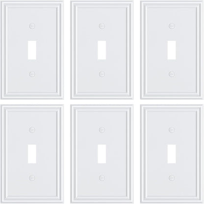 6-Pack Single Toggle Light Switch Cover Plate, Durable Solid Zinc Alloy Decorative Switch Plate Covers, White 1 Gang Wall Plate, Corrosion Resistant