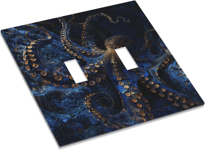 Decorative Switch Covers Plate Horror Night Blue Ocean Evil Octopus 2 Gang Wall Plate Unique Double Toggle Light Switch Plate Wall Cover Plate Faceplate for Bathroom Home Decor