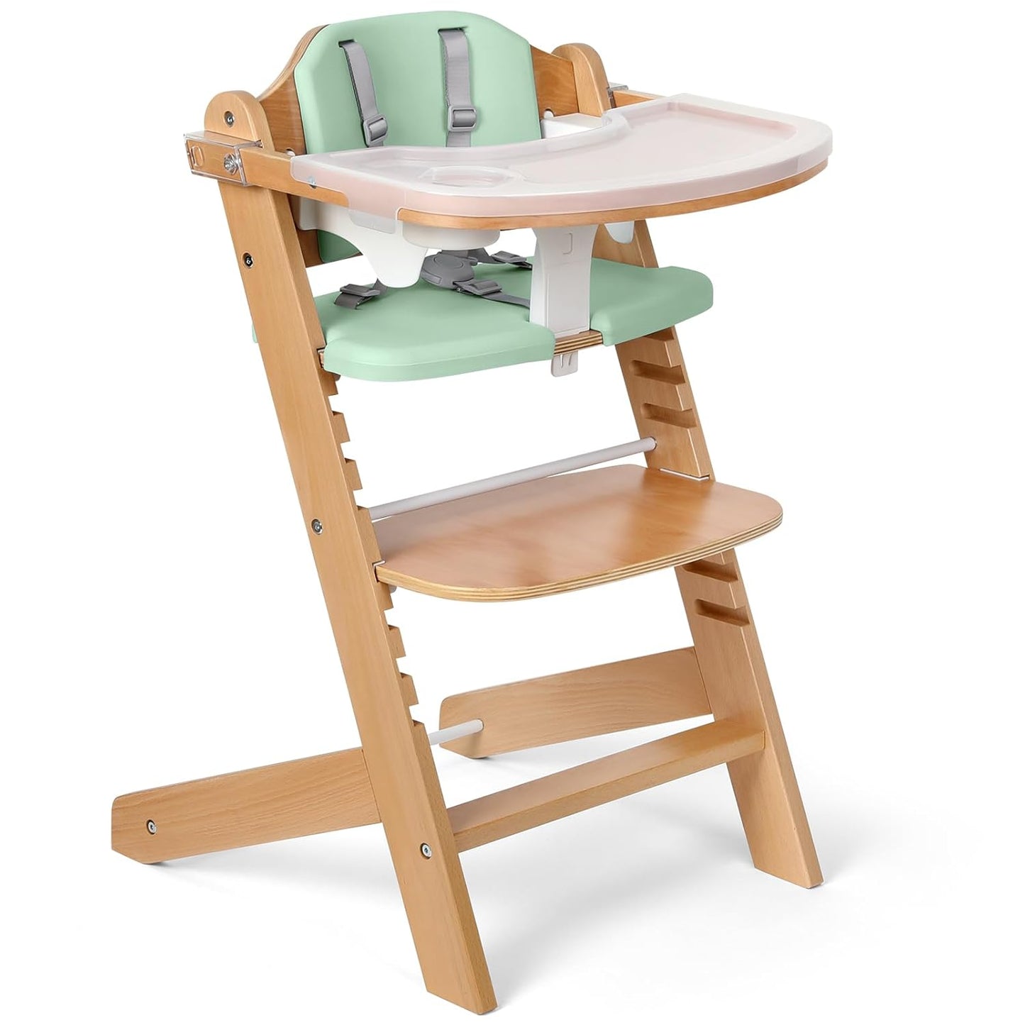Cowiewie Natural Wooden High Chair for Babies & Toddlers 3-Tier Remove Adjustable Tray and