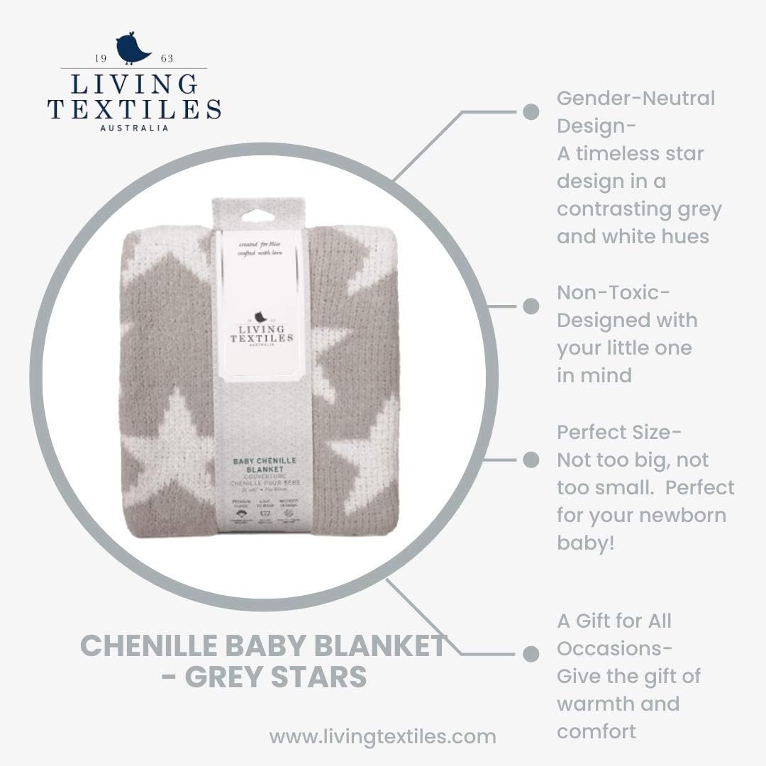 Living Textiles Grey Stars Chenille Soft Baby Blanket Reversible Premium Cozy Fabric for Best