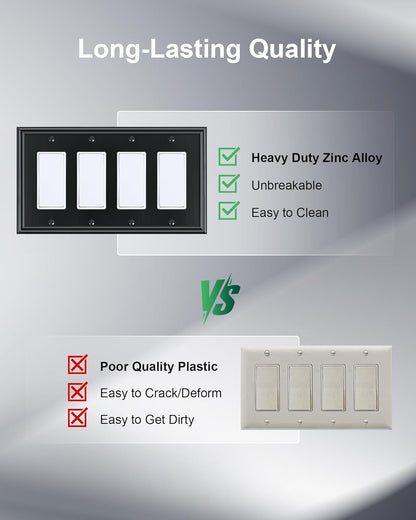 2-Pack Quad Decorator Outlet Cover Plate, Zinc Alloy Decorative Black Switch Plates and Outlet Covers, 4 Gang Wall Plates for Electrical Outlets, Receptacle, GFCI Outlet, Dimmer Switch
