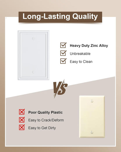2-Pack Single Blank Wall Plates, Durable Solid Zinc Alloy Blank Outlet Covers, Decorative Pure White Wall Plate Cover for Unused Outlets/Switches, Corrosion Resistant