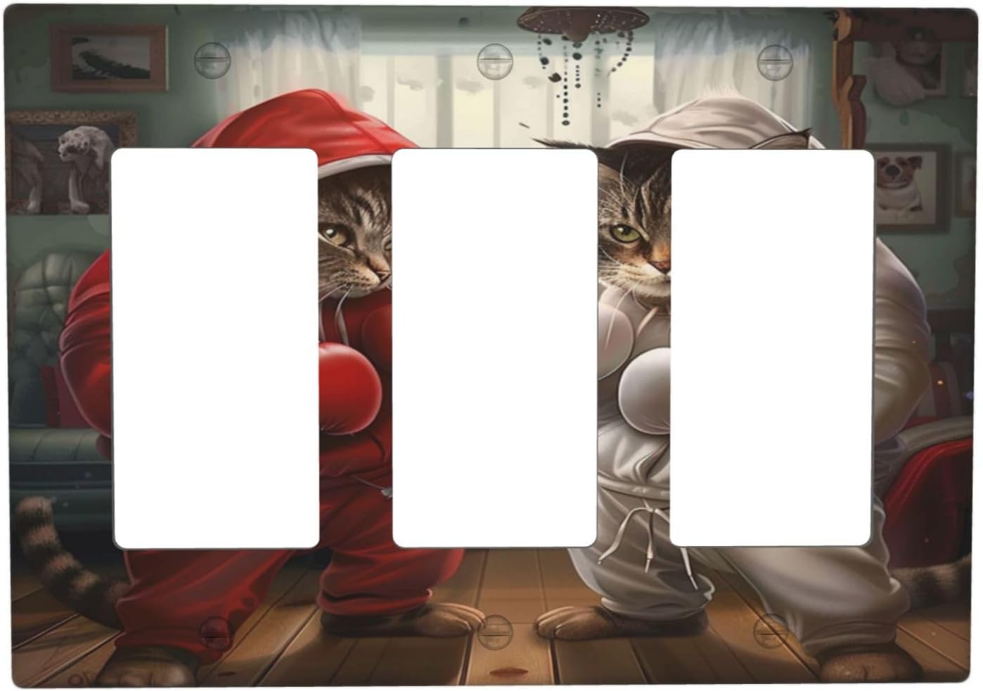 Decorative Outlet Covers Funny Red Boxing Cats White Tomcat 3 Gang Wall Plate Triple Rocker Light Switch Cover Plate Jumbo Electrical GFCI Faceplate for Bedroom Home Decor