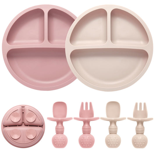 Eascrozn 2 Pack Divided Toddler Plates with Suction, Spoons and Forks Set